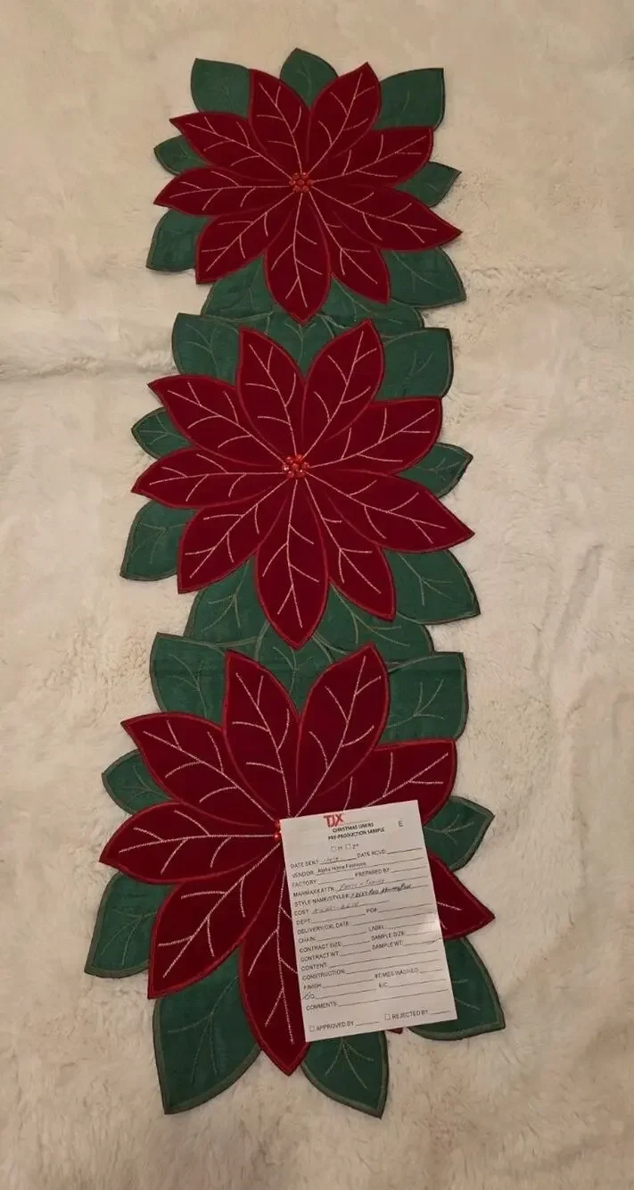 Christmas Poinsettia Table Runner Velvet Embroidered TJ Maxx 28555 Rare Sample